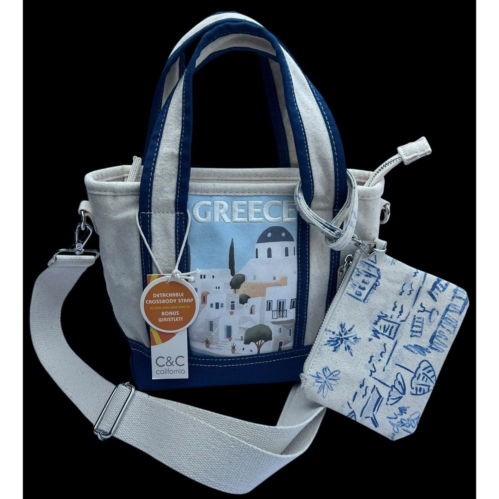 C&C California Women's Blue Greek Canvas Tote Bag w/ Matching Pouch Tiktok Viral